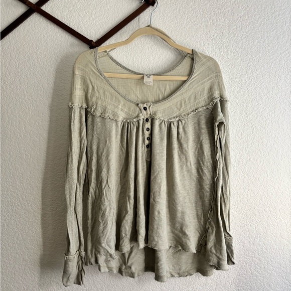 Free People Olive Down Under Linen & Cotton Henley Top - Picture 3 of 6